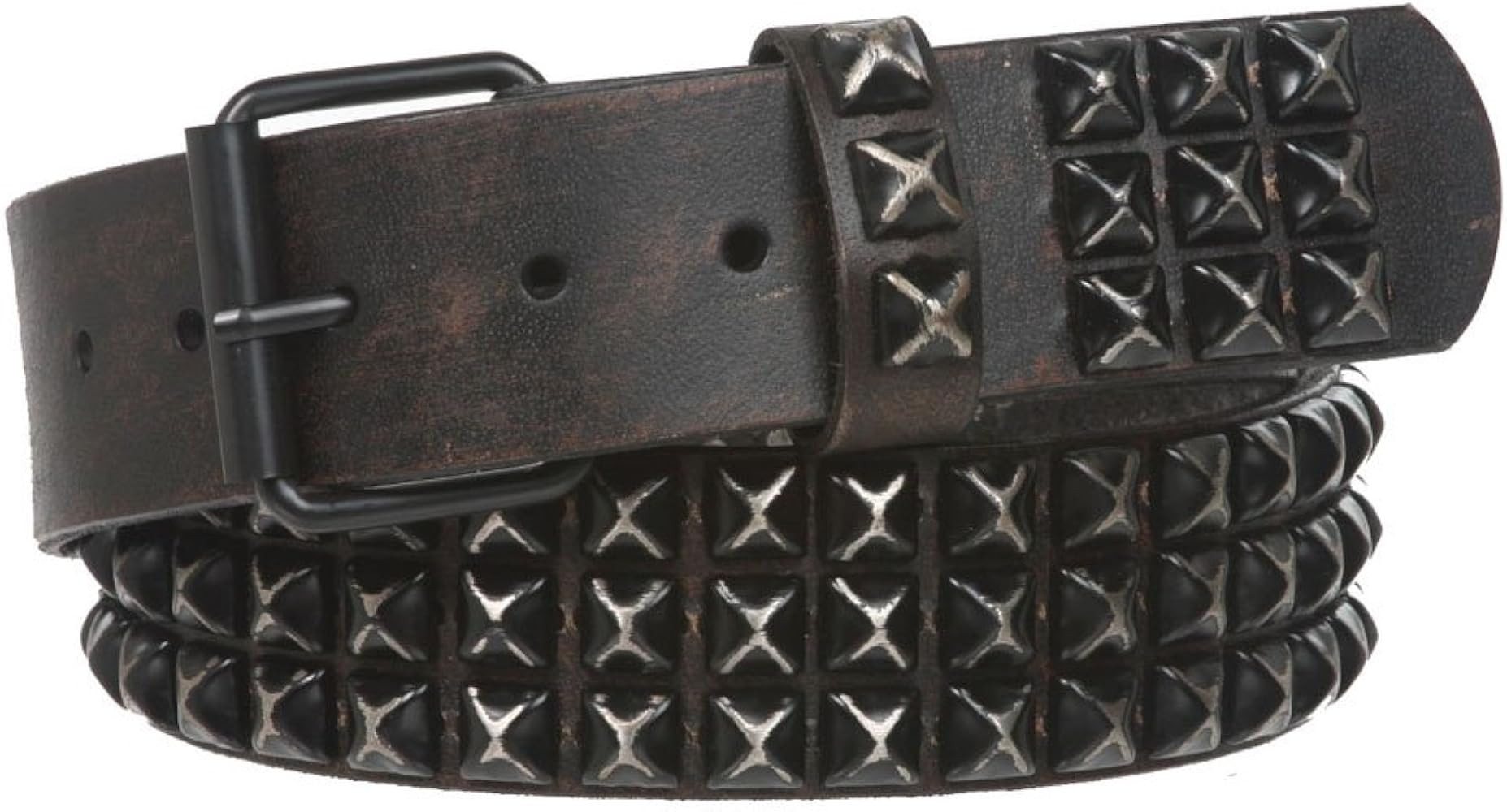 Snap On 1 3/4" Three Row Punk Rock Star Distressed Black Studded Leather Belt | Amazon (US)