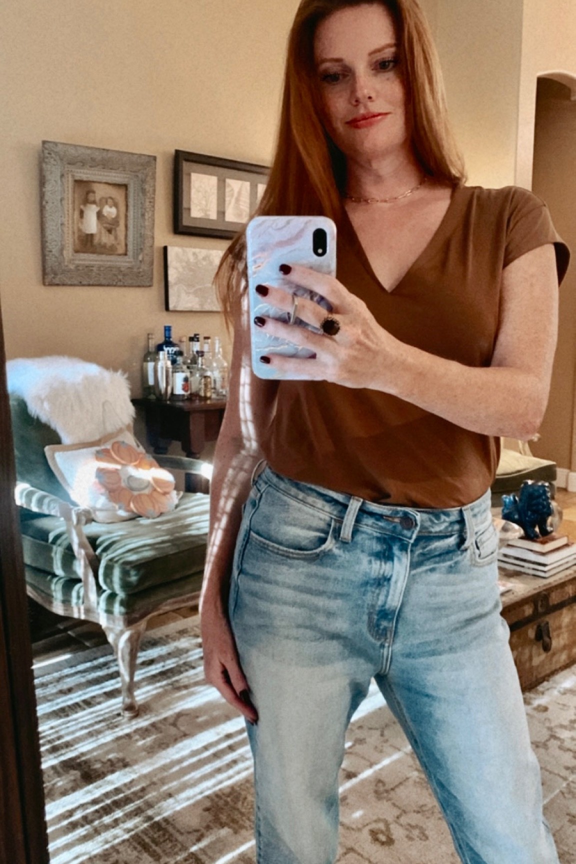 Super soft Frame v neck tee in dark brown, perfect for Fall! Boyfriend jeans and paper clip chain complete the look! Jeans and tee from Neiman Marcus. Spend $200 get a $50 gift card with code: OCTGC 

The more you spend the bigger the gift card- up to $500!

#LTKSeasonal #LTKsalealert #LTKstyletip