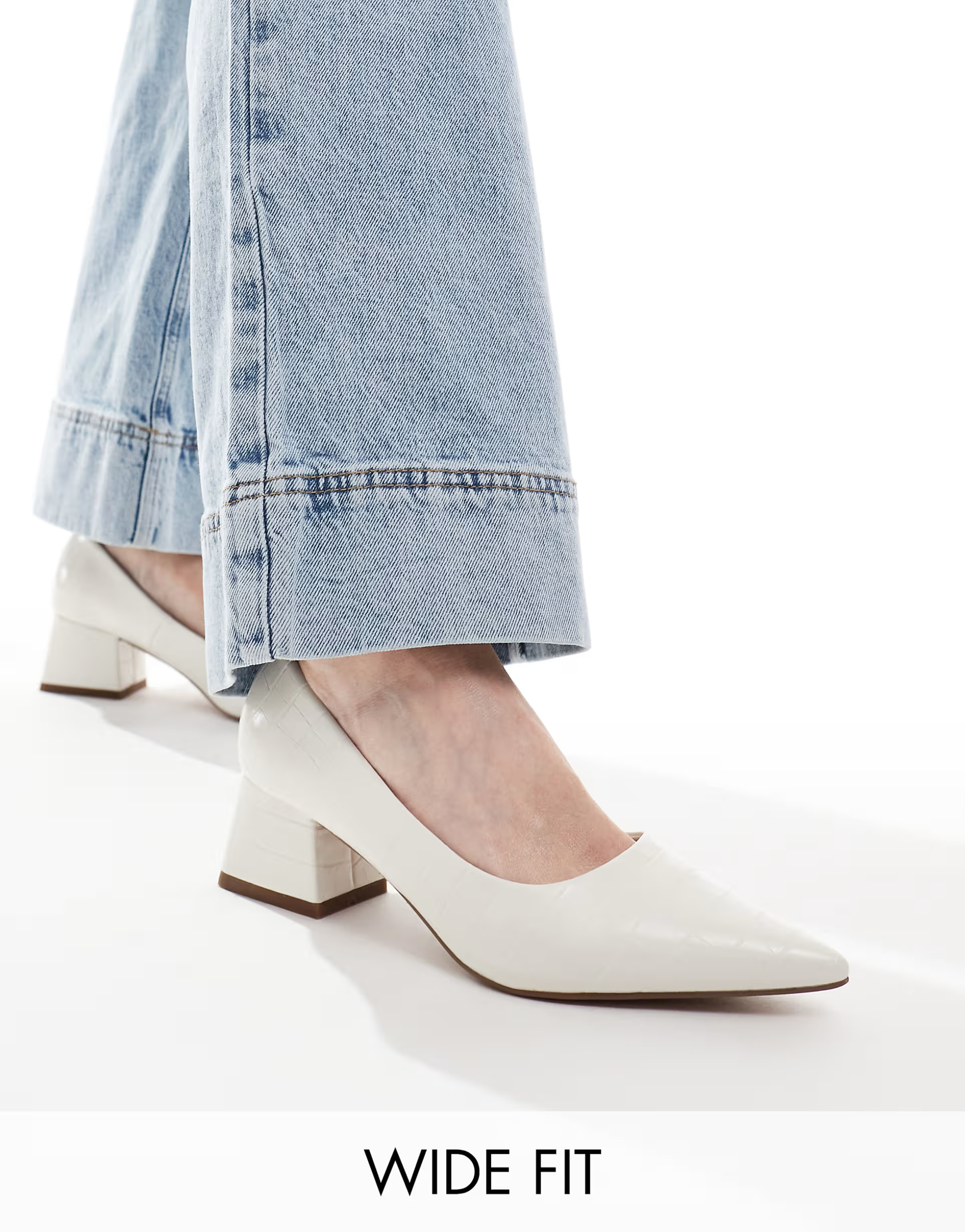 ASOS DESIGN Wide Fit Saint block mid heeled shoes in off white croc | ASOS (Global)