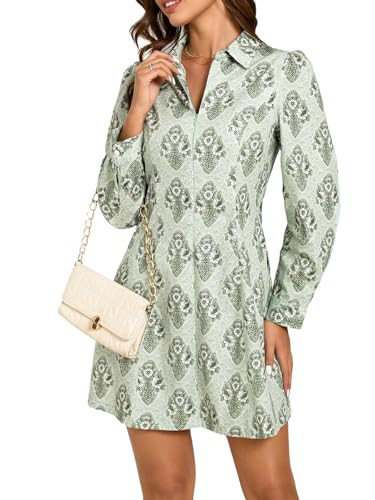 EZAPINE Women Spring Dress 2026 Womens Summer Mini Dresses Floral Puff Sleeve Zipper A line Dress for Women with Pockets Green M | Amazon (US)