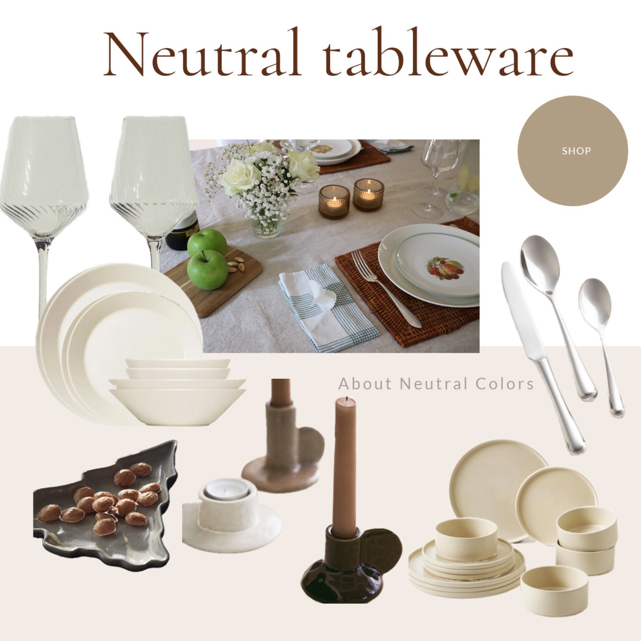 Create timeless elegance with neutral tableware! White or cream plates, silver cutlery, transparent glass or crystal glass, a brown candle.

#LTKstyletip #LTKhome #LTKautumn