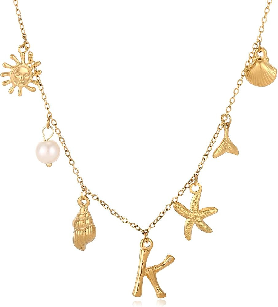 Gold Initial Charm Necklace for Women Summer Beach Shell Starfish Letter Necklace A-Z Name Person... | Amazon (US)