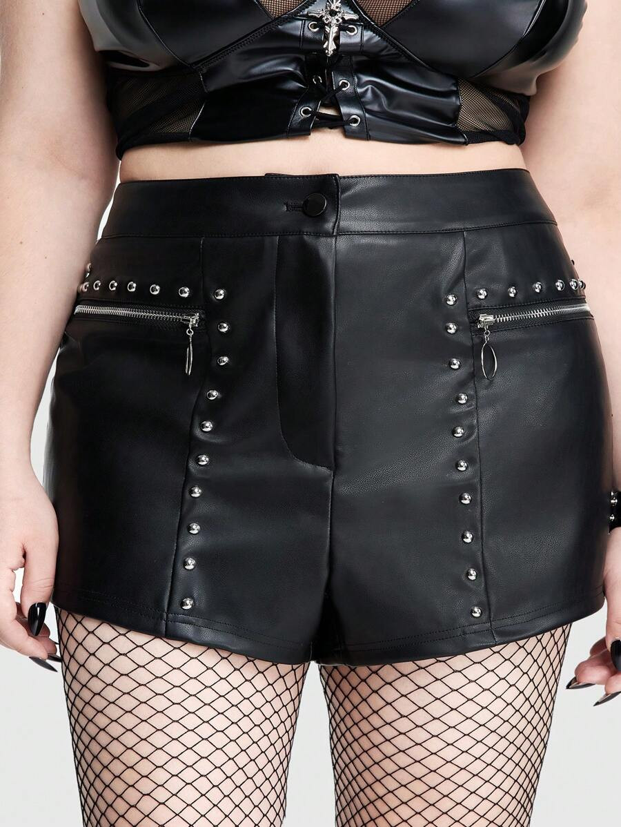 ROMWE Goth Cool Rivet Punk Plus Size Women's Tight Leather Shorts | SHEIN