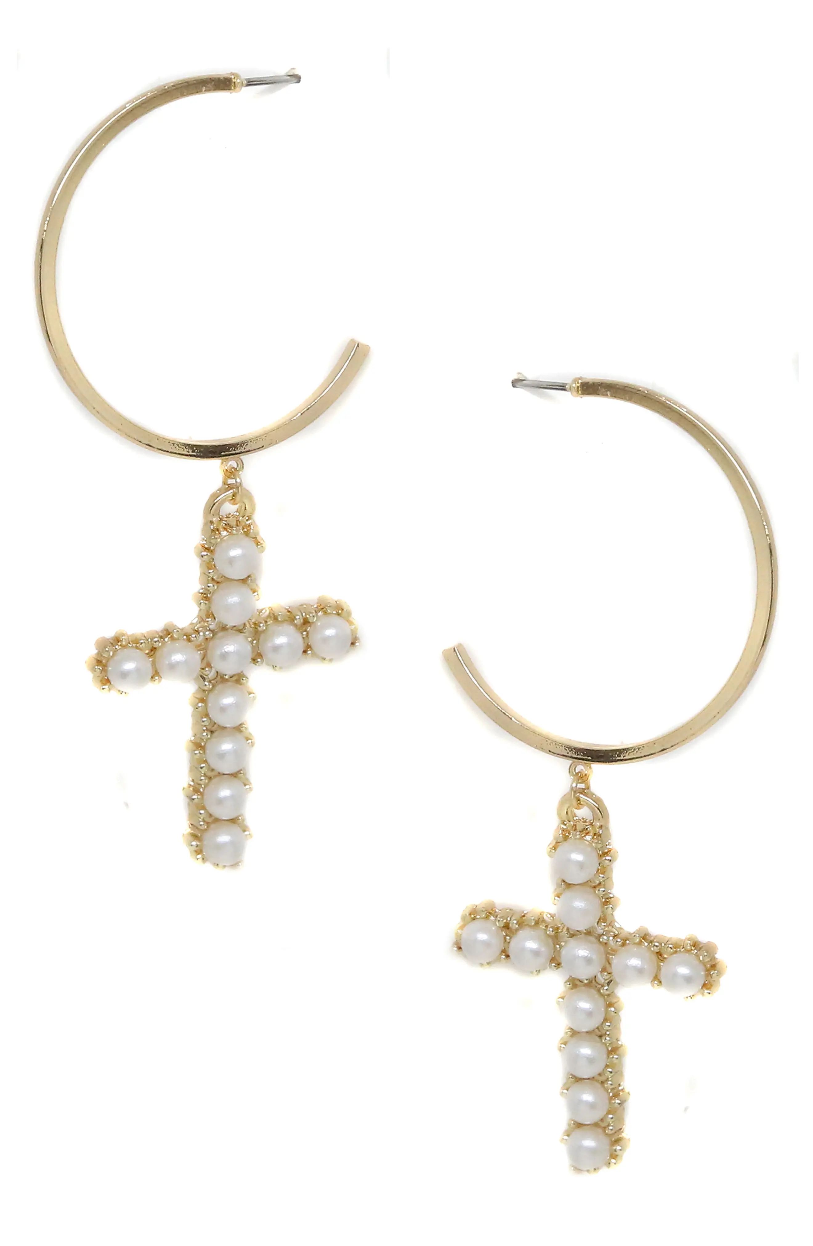 Women's Ettika Imitation Pearl Cross & Hoop Earrings | Nordstrom