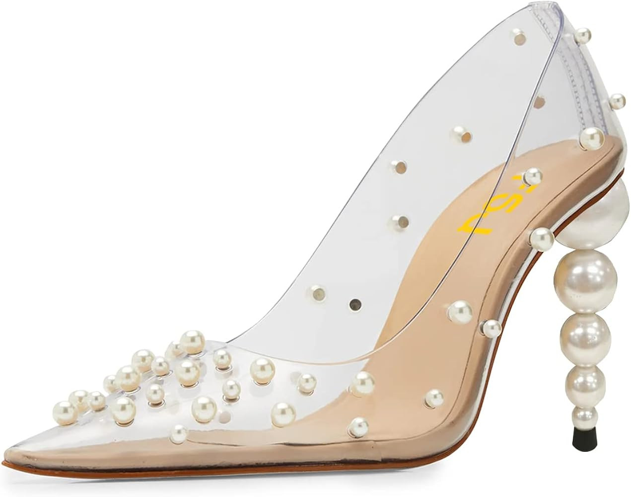 FSJ Women Sexy Pearls Transparent Pointed Toe Pumps High Heel with Pearls Slip On Formal Party Dr... | Amazon (US)