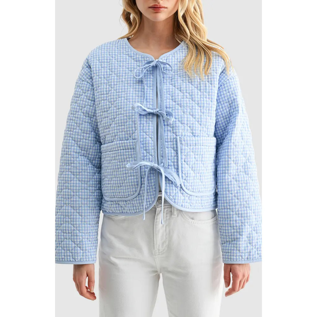 All in Favor Gingham Tie Front Quilted Jacket in Light Blue Gingham at Nordstrom, Size Large | Nordstrom