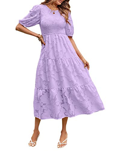 MEROKEETY Women's 2025 Casual Short Sleeve Smocked Dress Round Neck High Waist Ruffle Party Dresses,Lightpurple,L | Amazon (US)