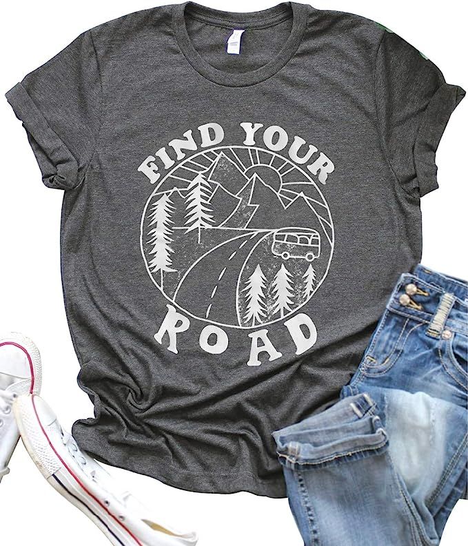 LANMERTREE Find Your Road O Neck T-Shirt Women Funny Letter Print Short Sleeve Blouse Tee | Amazon (US)