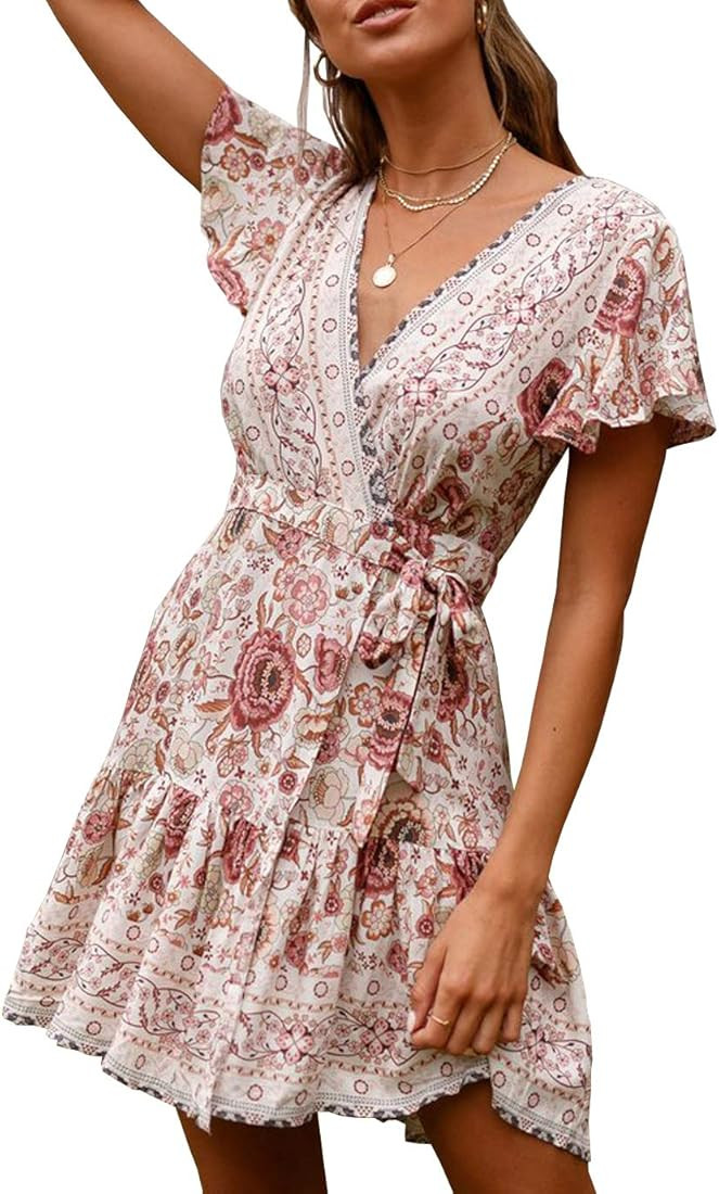 R.Vivimos Women Summer Short Sleeve Casual Bohemian Beach Ruffle Floral Print Bow Tie Short Sun D... | Amazon (US)