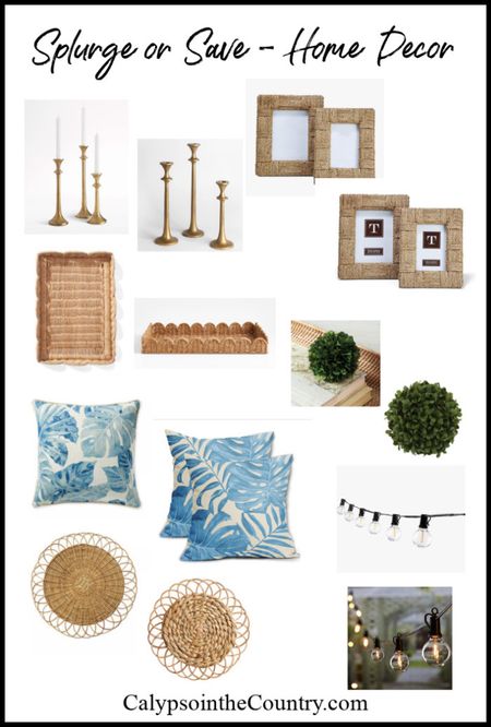 Save or splurge home decor for spring and summer.  Get the look for less on home accessories.  Brass candlesticks, woven scallop trays, seagrass frames, faux boxwood orbs, blue and white tropical pillows, outdoor string lights and rattan placemats.  Serena and Lily - Crate and Barrel - Pottery Barn - Ballard Design - Amazon - World Market 

#ltksplurgeorsave #ltklookforless

#LTKfindsunder100 #LTKhome #LTKSeasonal