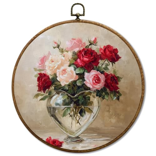 JUIOEIU Valentine's Day Rose Floral Round Wall Decor, Valentines Floral Framed Canvas Prints, Cottagecore Romantic Rose Heart Vase Wall Art Hanging Decorations for Home Bedroom Decor, 10x10in | Amazon (US)