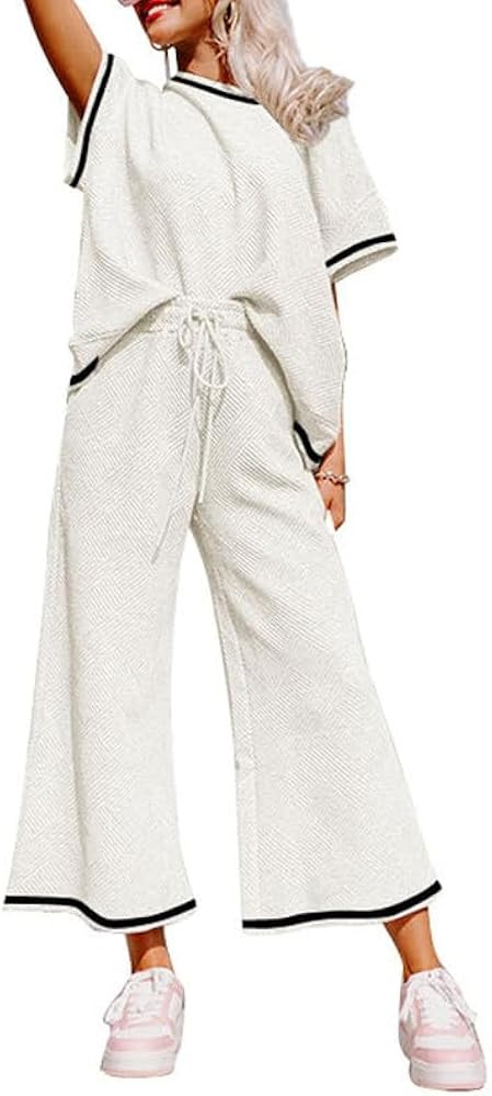 SHEWIN Women's 2 Piece Outfits Sweatsuit Casual Short Sleeve Pullover Tops and Drawstring Wide Le... | Amazon (US)