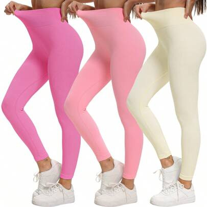 Women's 3 Piece Yoga Leggings Ribbed Seamless Workout High Waist Athletic Pants | SHEIN
