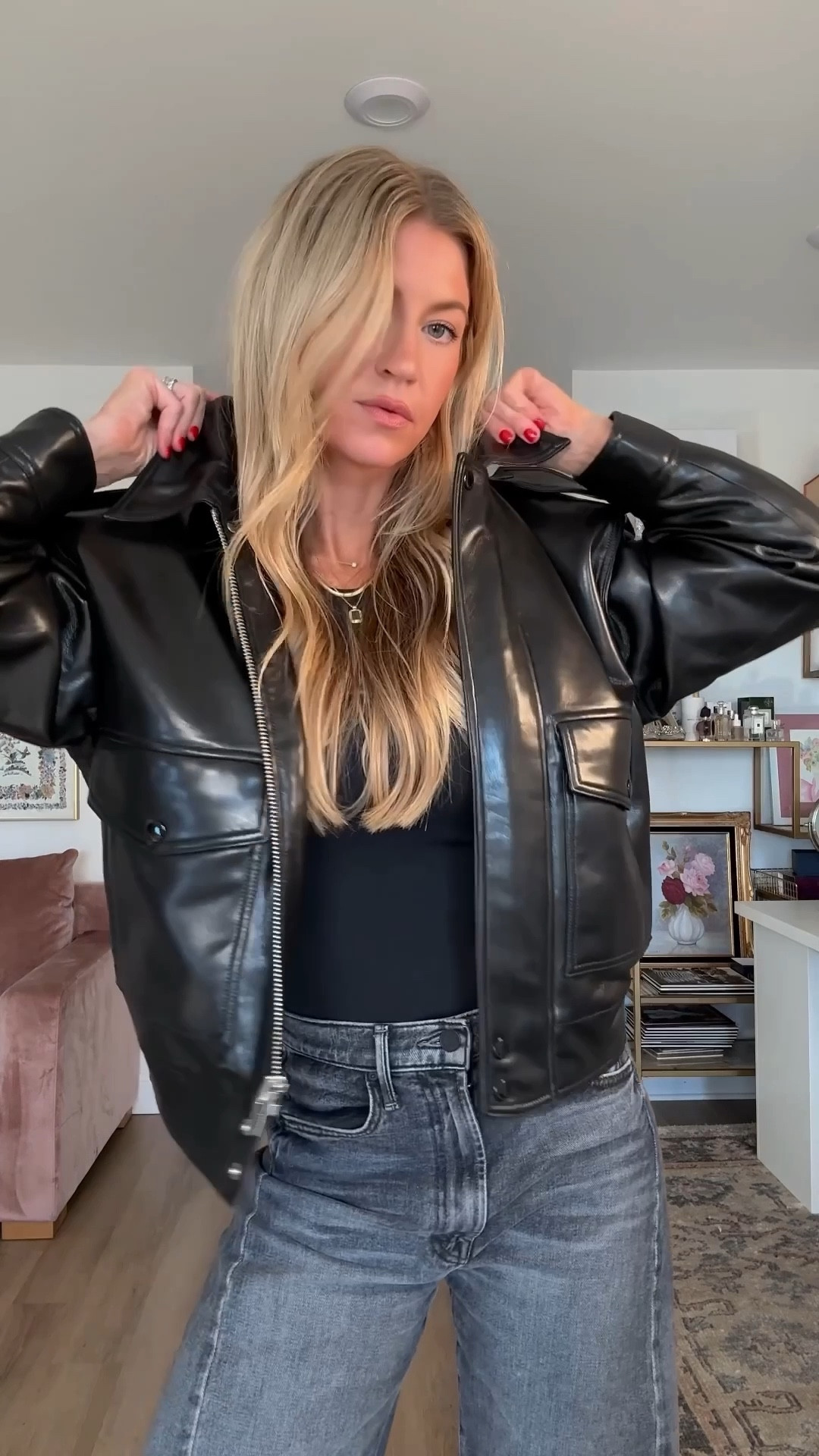 SUCH a good leather bomber jacket (that I never would have guessed is faux). 
Black biker leather jacket: runs oversized, wearing a S, comes in 2 brown shades as well. 
Black bodysuit: one of my fav bodysuits, runs small, I rec sizing up, matte finish. 
Washed black barrel jeans: runs TTS, the perfect barrel leg. 
Boots: run TTS, very comfy, no need to break in. 


#LTKShoeCrush #LTKSeasonal #LTKStyleTip