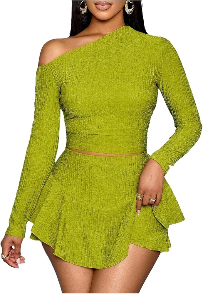 GORGLITTER Women's Going Out Two Piece Sets Party Long Sleeve One Shoulder Crop Top and Layered R... | Amazon (US)