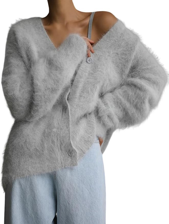 Yimoon Womens Fuzzy Cardigan Sweater V Neck Long Sleeve Button Down Slouchy Furry Knit Sweaters 2... | Amazon (US)