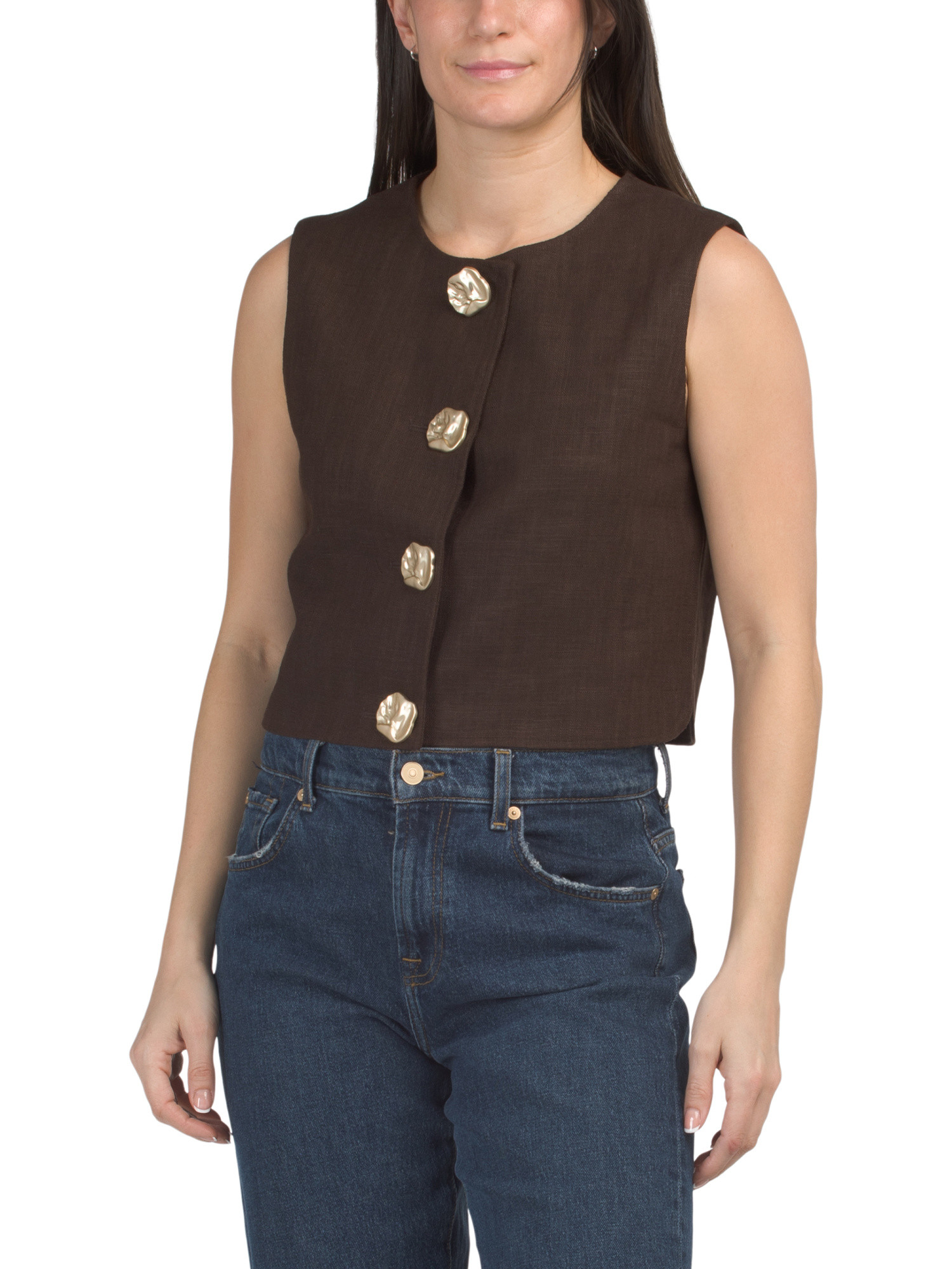 Linen Blend Sleeveless Vest With Decorative Gold Tone Buttons | Clothing | Marshalls | Marshalls