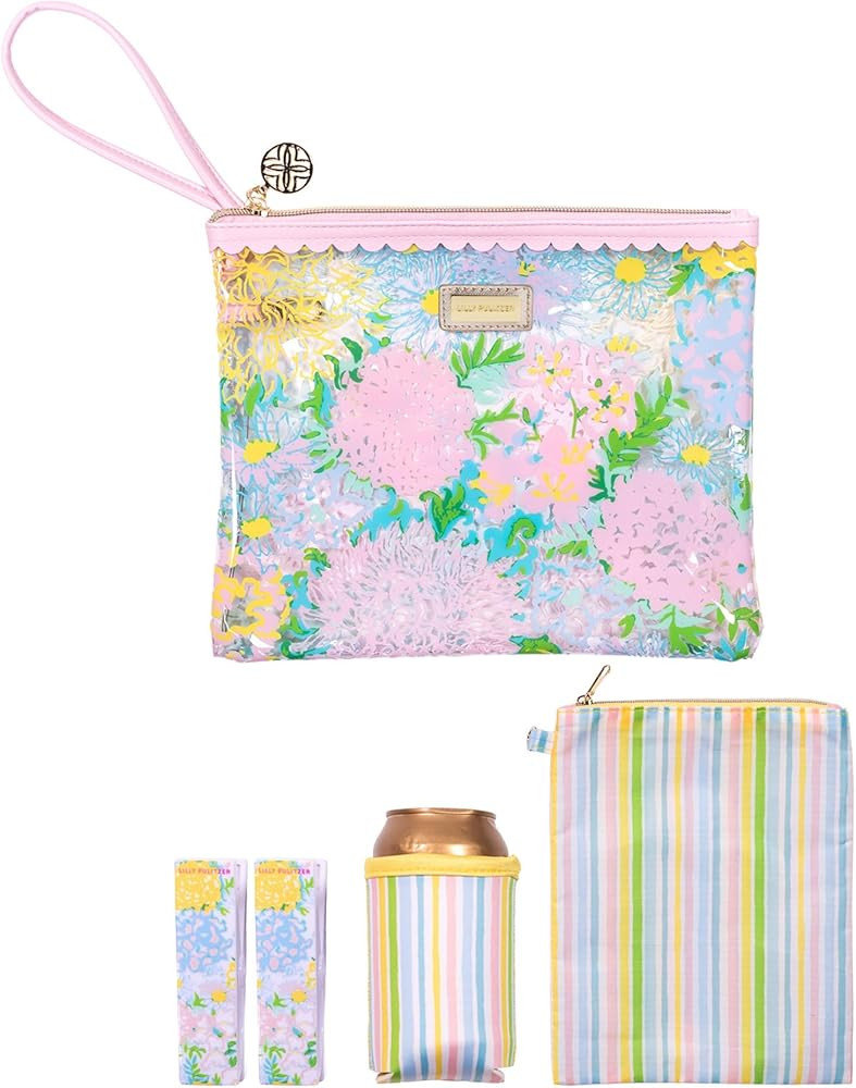 Lilly Pulitzer Water Resistant Vinyl Beach Day Pouch, Zipper Bag Includes Drink Hugger, Small Pou... | Amazon (US)