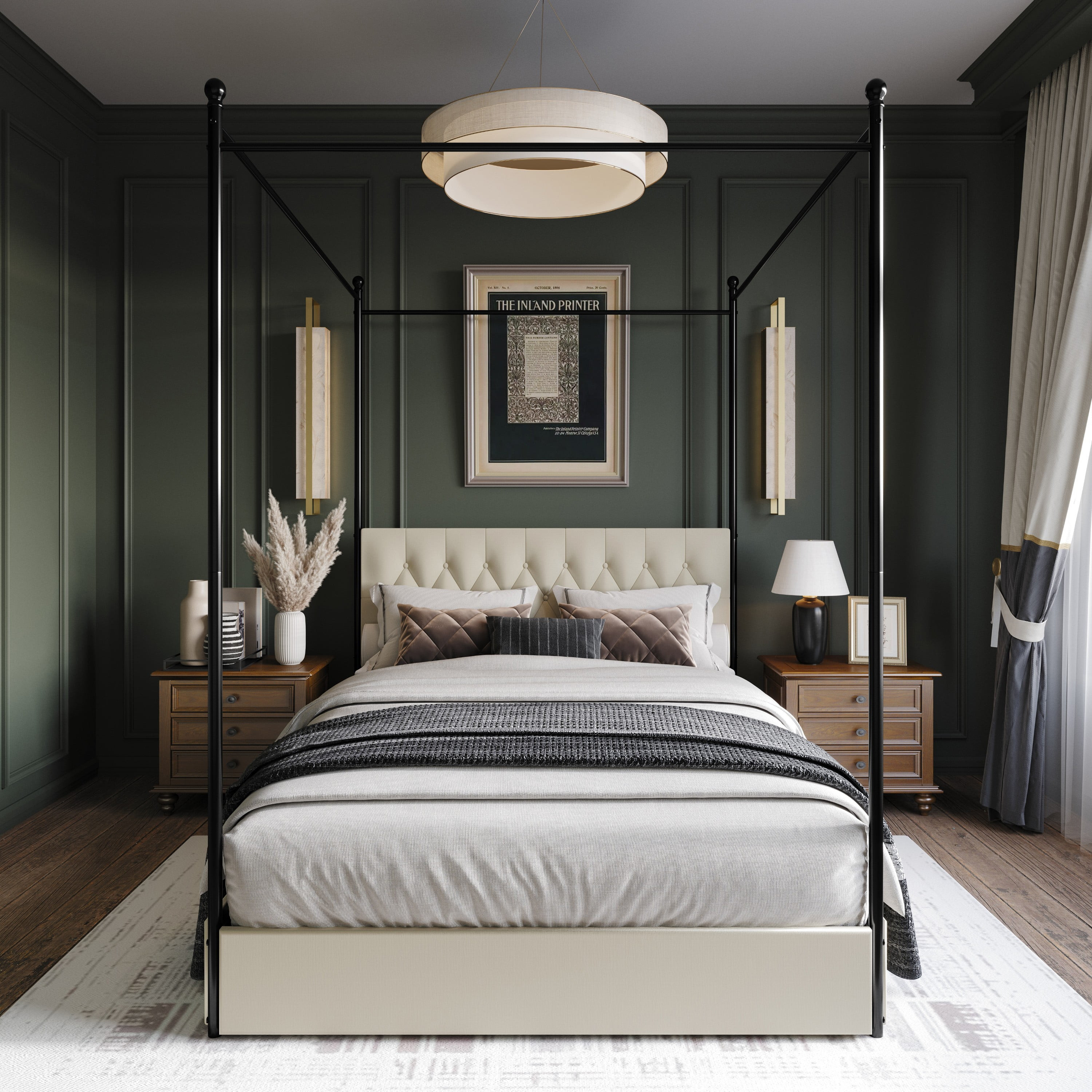 Home Design Harlan Queen Upholstered Metal Storage Canopy Bed Frame with Button-Tufted Headboard ... | Walmart (US)