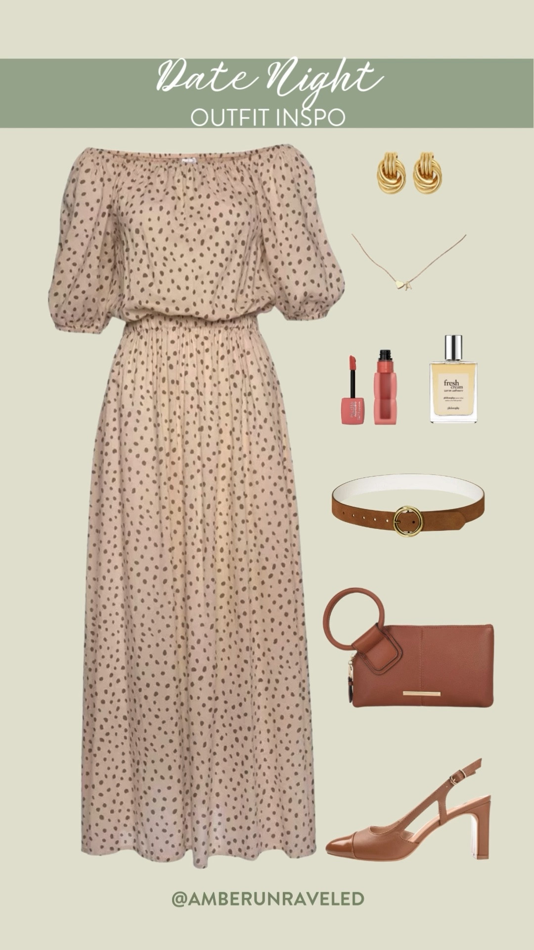 Ready for a cute date night! This polka dot off-the-shoulder dress paired with heeled slingbacks and a delicate necklace is such a sweet and comfy look. Just add the clutch, belt, and a little perfume to complete the vibe.
#momfits #casualchic #weekendvibes #fashioninspo

#LTKSeasonal #LTKStyleTip #LTKU