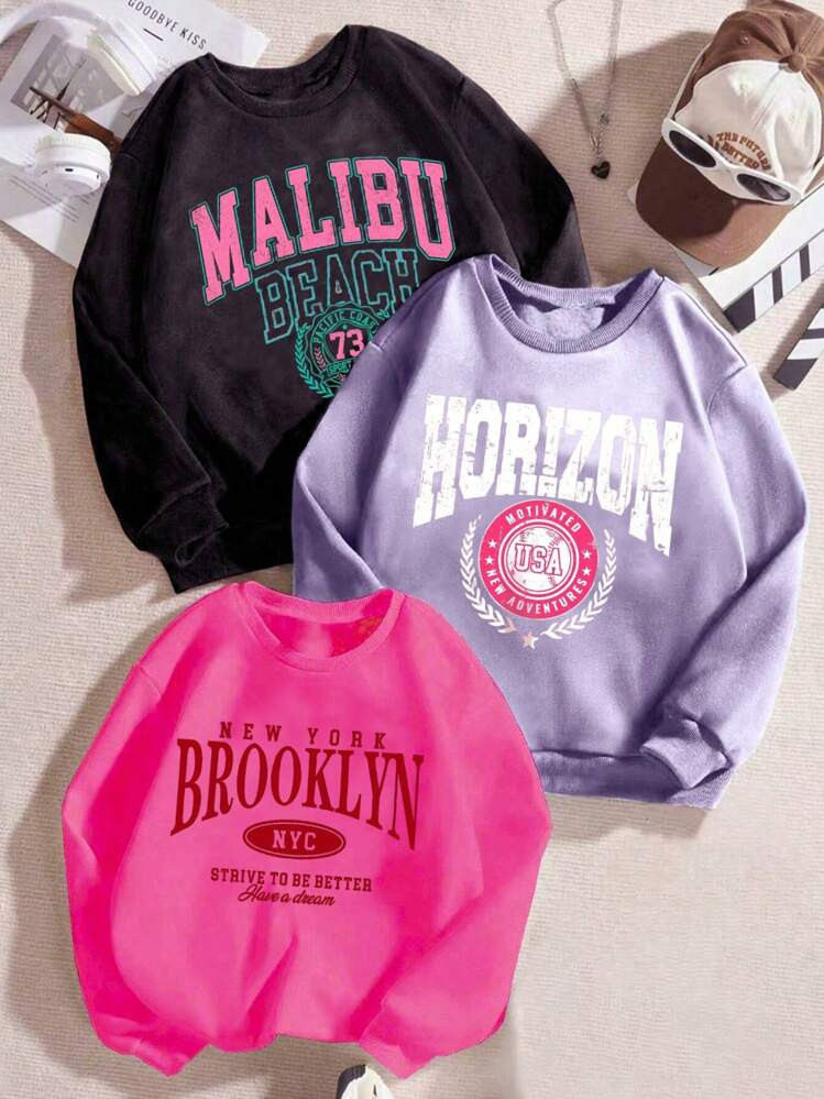 3pcs Young Girl Casual Cozy Letter Print Crew Neck Baggy Sweatshirt Set, Fall/Winter | SHEIN