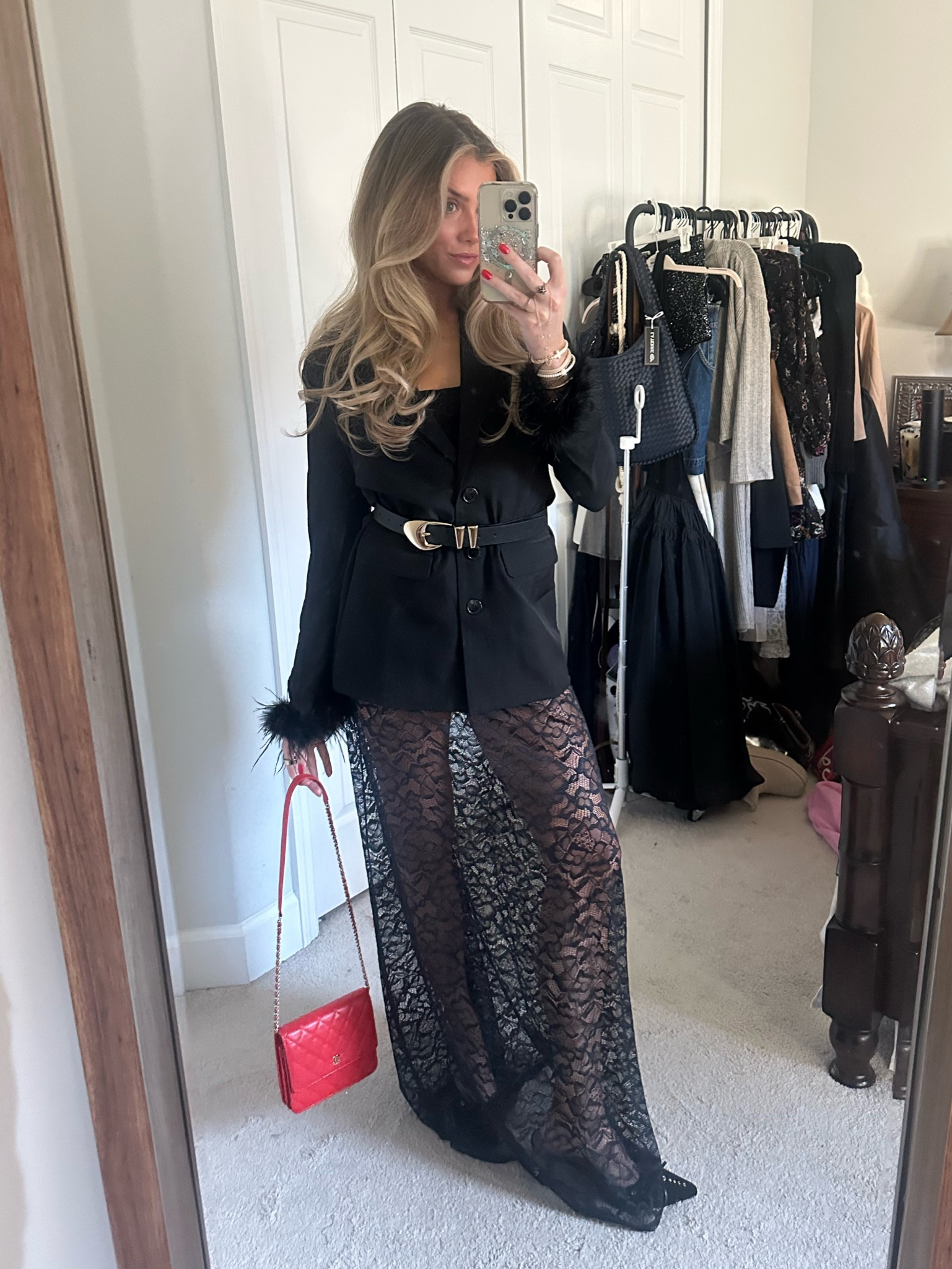 Went a little creative with this outfit today! I layered a lace dress with a blazer so fun with different textures and perfect for holidays. Shop 12th Tribe code SLOANEV10. Black tease me feather trim blazer. Amazon black belt: XZQTIVE Women's Leather Belts for Jeans Dress Pants Black Brown Belts for Women Ladies Waist Belts with Gold Buckle. AFRM lace maxi dress. Kurt Geiger heels. Christmas outfit  

#LTKShoeCrush #LTKItBag #LTKSeasonal