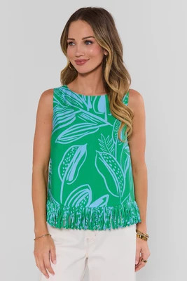 Angelina Green Printed Fringe Top | Avara