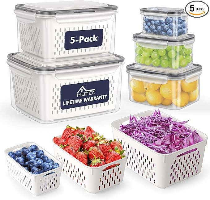 HOTEC 5-Pack Large Fruit Storage Container for Fridge Leak proof with Removable Colander, BPA Fre... | Amazon (US)