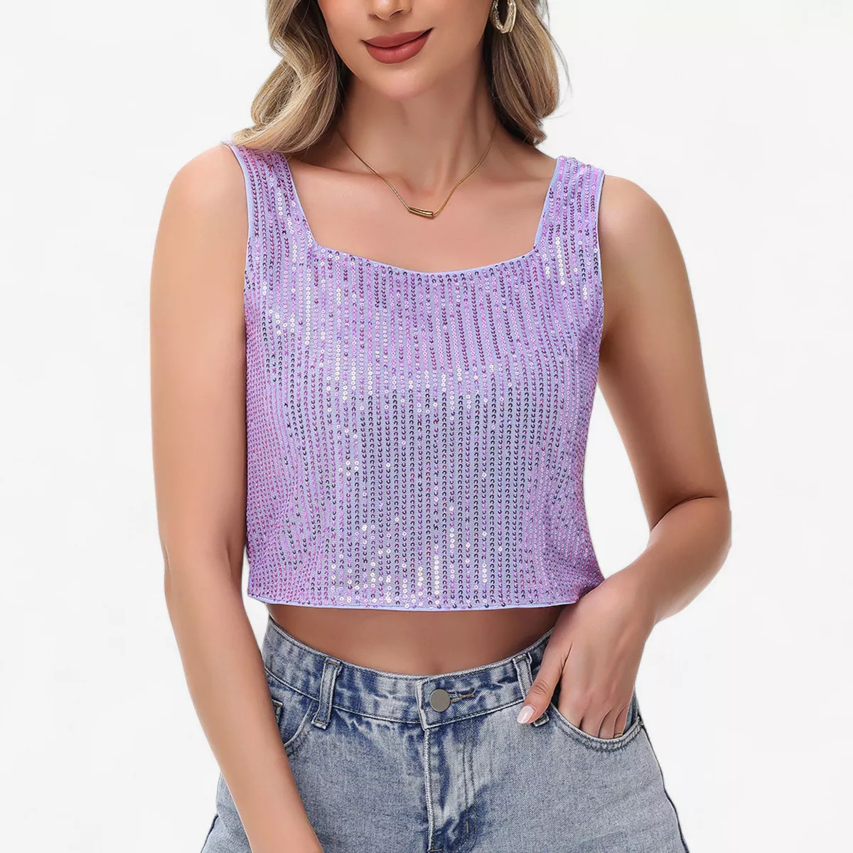 Anna-Kaci Women's Sequin Square Neck Tank Top with Sleeveless Design and Cropped Fit - X Large, P... | Target
