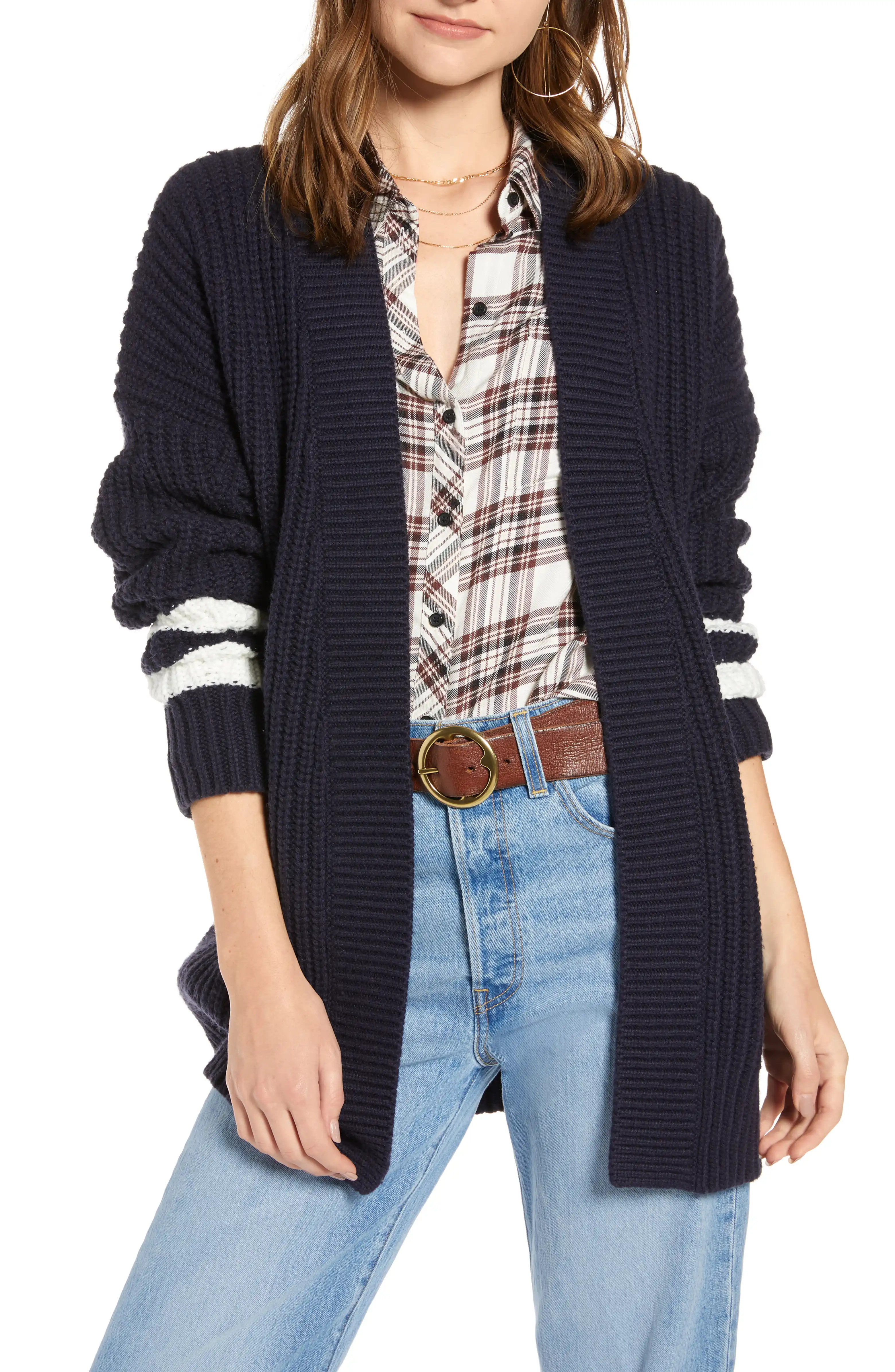 Stripe Detail Open Front Cotton & Wool Blend Cardigan | Nordstrom