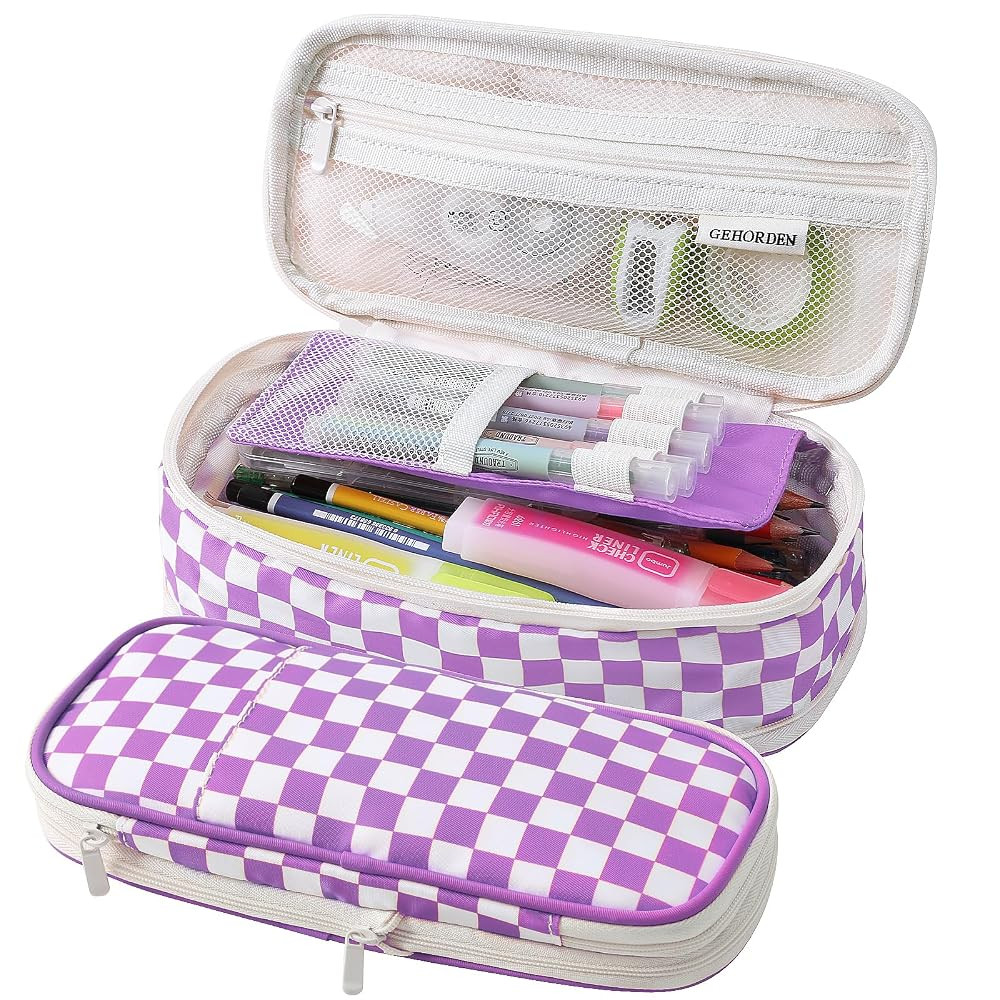 Large Pencil Case Pouch With Zipper Checkered Pen Bag for Teen Girls and Boy(Purple) | Amazon (US)