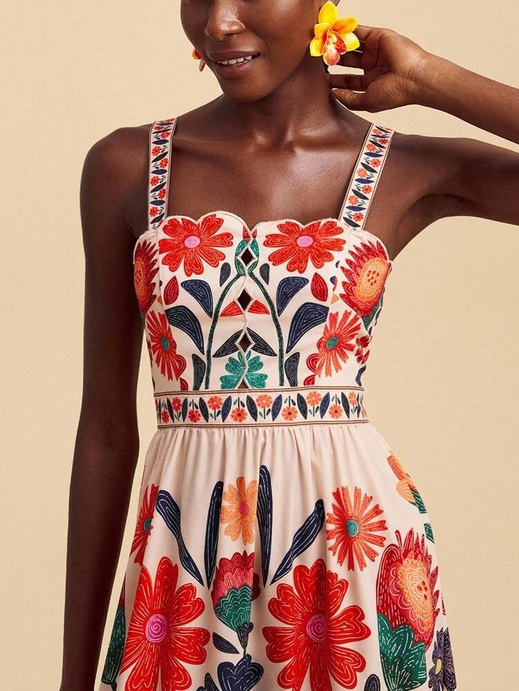 Travachic Sleeveless Multicolor Cami Long Dress With Woven Fabric And Vibrant Boho Plant Patterns, Multicolor Strappy Cami Dress In Woven Fabric With Boho Zipper Design Wildflower Dress Floral Sundress Resort Dress Sun Dress Vacation Dress Fall Outfits Women Winter Clothes For Women, Straps And Flared Hem For Summer Outings | SHEIN