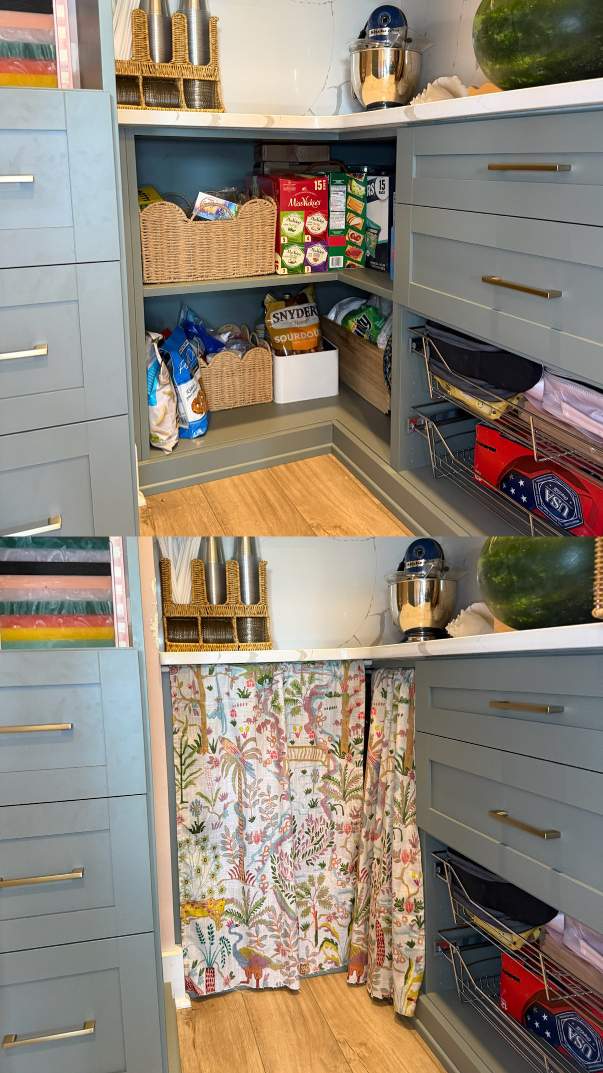 Before and after pantry organization! Covered the snack mess with Anthro curtains and this makes my heart so happy!! 

 #LTKSeasonal #LTKHome