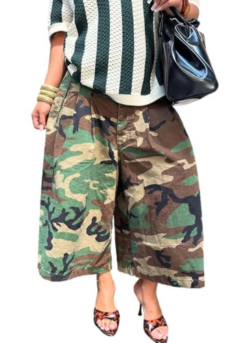 NRTHYE Womens Camo Cargo Jeans Army Fatigue Baggy Wide Leg High Waist Capris Camouflage Trousers Bermuda Boyfriend Pants | Amazon (US)
