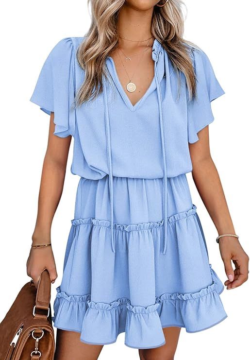 Dokotoo Womens 2023 Short Sleeve Split V Neck Ruffle Chiffon Elegant Mini Short Skirt Dresses | Amazon (US)