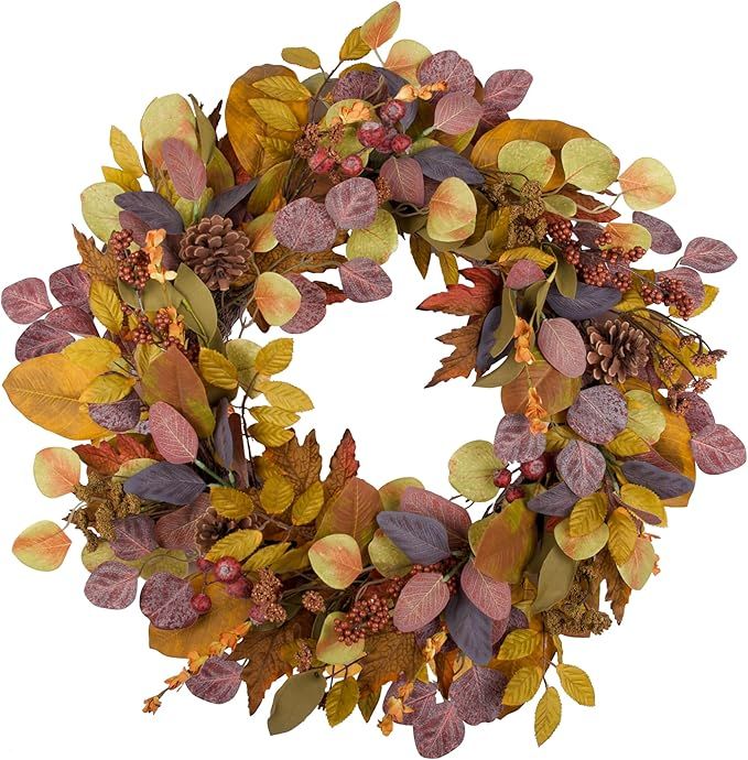 24" Fall Wreath for Front Door, Fully Handmade with Faux Eucalyptus, Magnolia Leaves, Maple Leave... | Amazon (US)