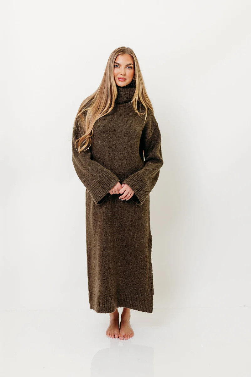 Melissa Cowl-Neck Sweater Midi Dress in Olive | Worth Collective