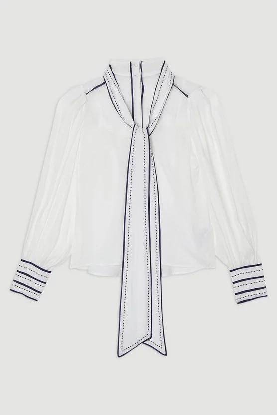 Archive Collection - Petite Balloon Sleeve Contrast Stitch Bow Woven Blouse | Karen Millen UK + IE + DE + NL