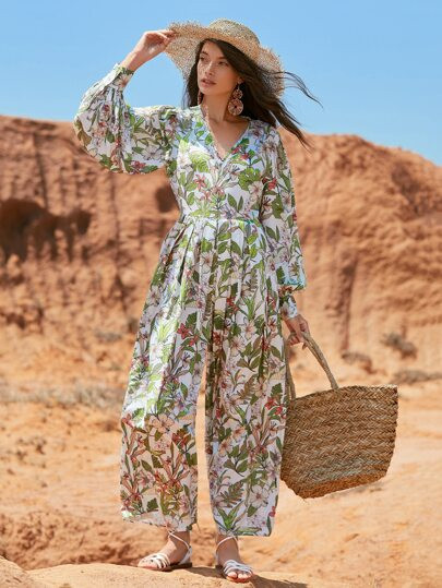 SHEIN Fold Pleated Wide Leg Tropical Print Jumpsuit | SHEIN