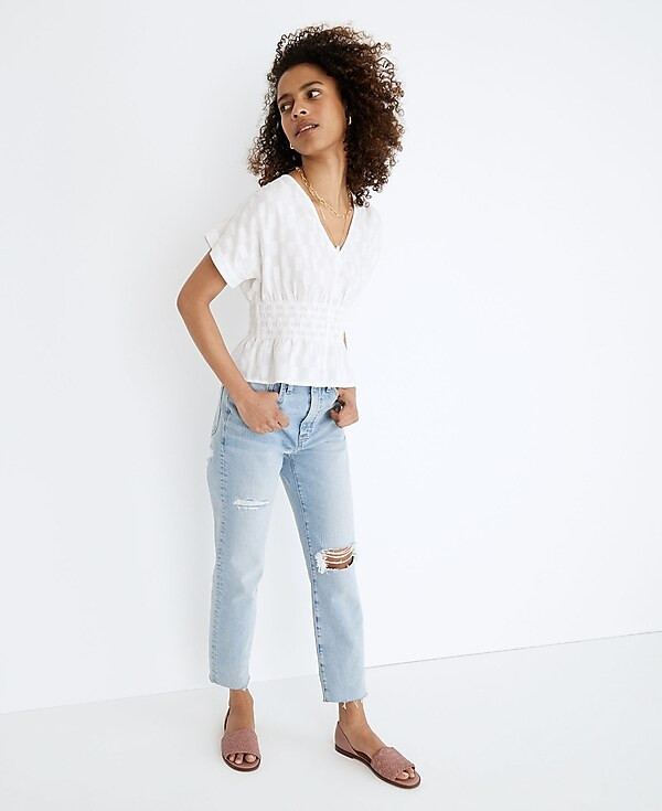 V-Neck Smocked-Waist Top in Square Jacquard | Madewell | Madewell