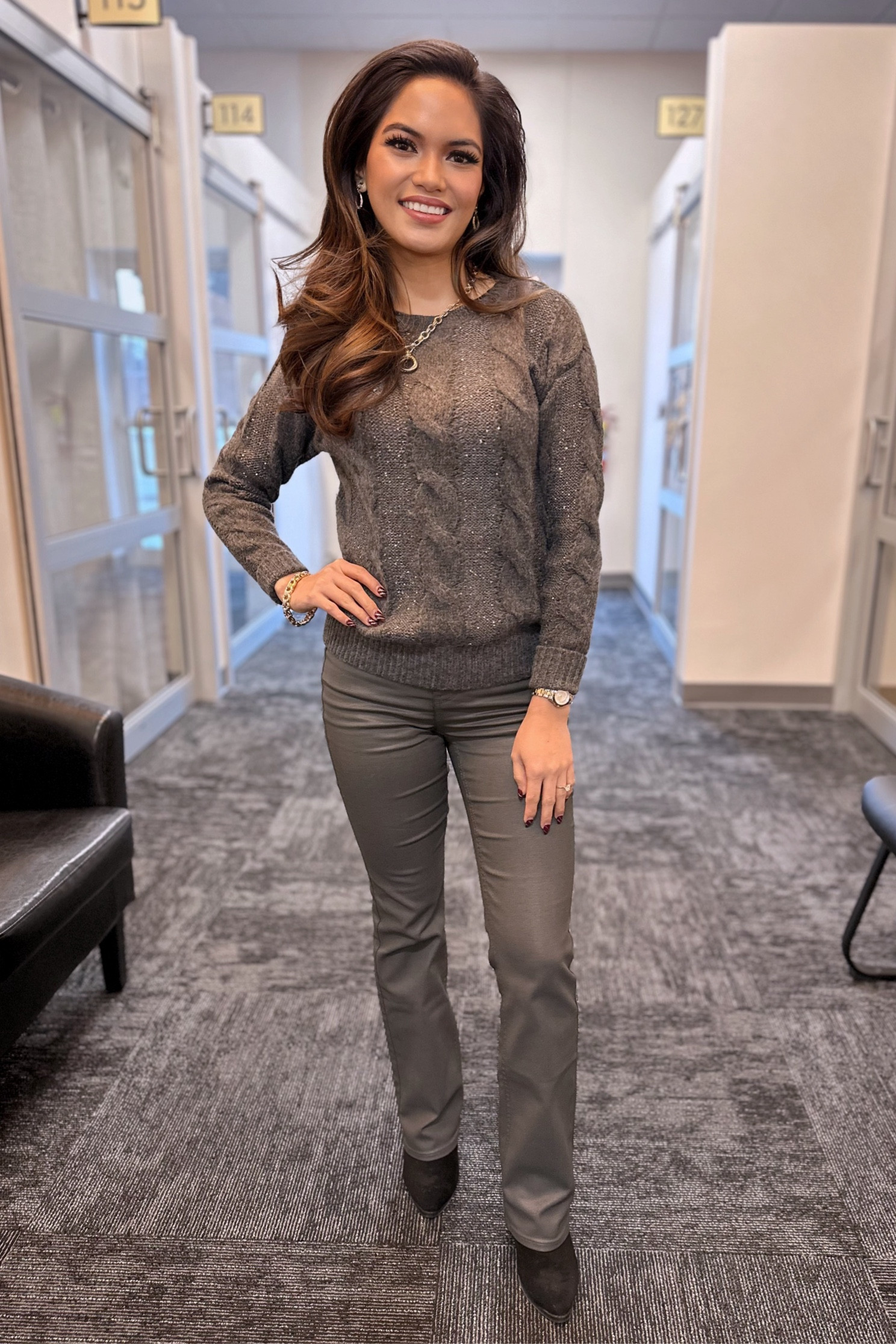 Loving this all grey winter look from White House Black Market.  
I’m wearing the sequin cable pullover sweater in size XXS.  Fit is TTS.  The grey coated denim bootcut jeans are being worn in size 00 Short.  The fit is also TTS. 
#whbm

#LTKFindsUnder50 #LTKStyleTip #LTKSeasonal