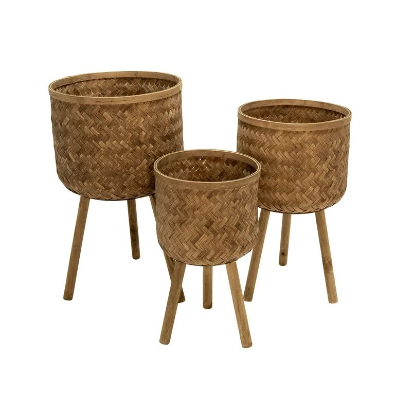 Round Bamboo Planters with Angled Tripod Legs, Set of 3, Brown | Walmart (US)