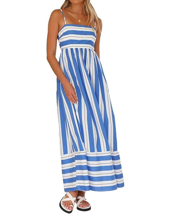 Women Striped Maxi Dress Sleeveless Backless Cutout Smocked Sundress Spaghetti Straps Boho Flowy ... | Amazon (US)