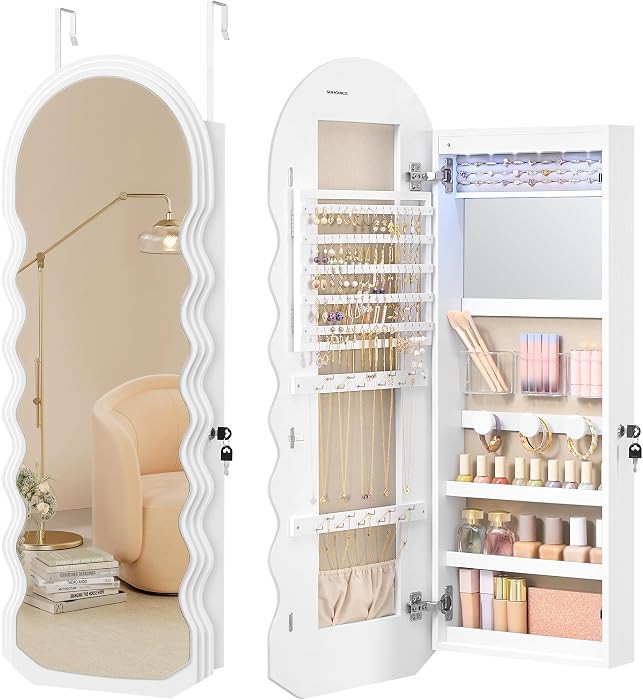 SONGMICS Mirror Jewelry Cabinet Wall Mounted Over the Door, Hanging LED Jewelry Organizer, Lockab... | Amazon (US)