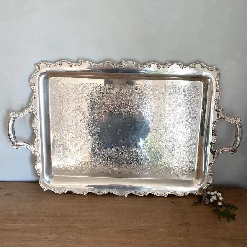 Silver Tray, Silver Serving Tray, Coffee Table Decor, Side Table Decor, Vintage Tray, Vintage Dec... | Etsy (US)