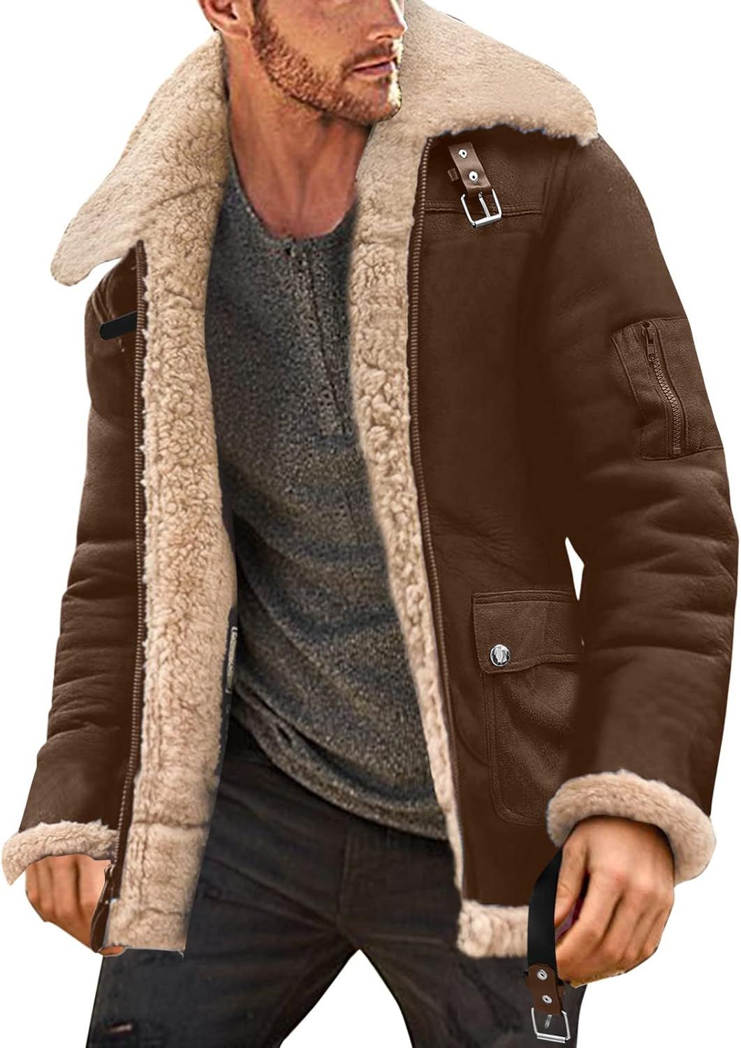 BIFUTON Winter Coats for Men,Men's Shearling Leather Coat Faux Suede Sherpa Lined Winter Thicken ... | Amazon (US)