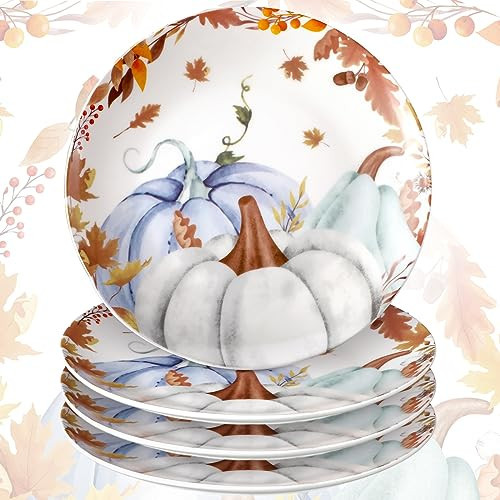 Uiifan 4 Pcs Fall Plates Pumpkins Ceramic Salad Plate Fall Pumpkins Decoration Cookie Plate Set 7.87 Inch Thanksgiving Harvest Vintage Salad Plates for Dinner Party Kitchen Decor(Stylish Pattern) | Amazon (US)