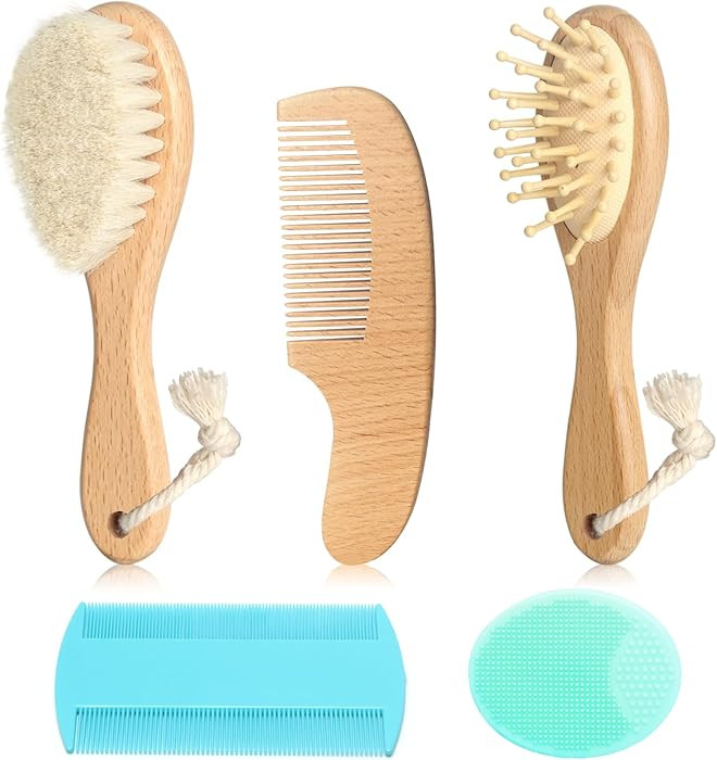 Goat Baby Hair Brush Set, Wooden Comb Massage Scalp Comb, Safe Natural Hair Care Kit, Soft Silico... | Amazon (US)