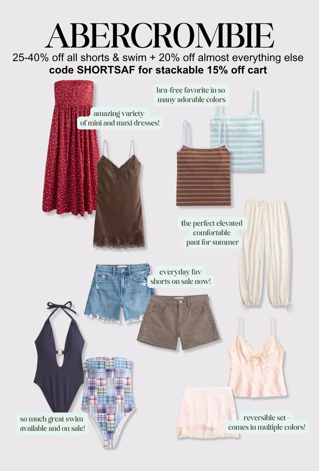 [4/7/26] @abercrombie is currently on sale 25-40% shorts & swim + 20% off everything else with code SHORTSAF | What I'm loving from Abercrombie! Currently 21 weeks pregnant wearing size 28/29 in bottoms + M/L in most abercrombie styles 

[*Offer valid online only 5/7/2026-5/11/2026 in US/CA. Excludes clearance. Online price reflects discount. Offer valid online only 5/7/2026-5/11/2026 in US/CA. Exclusions apply as indicated. Online price reflects discount. Use code SHORTSAF to get an additional 15% off almost everything in stores and online at checkout from 5/7/26-5/11/26 in US/CA. Exclusions apply. See details online.]