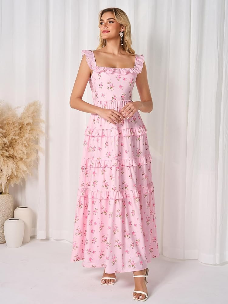 EYNMIN Women's Summer Floral Boho Maxi Dress Tiered Ruffle Smocked Long Flowy Beach Wedding Guest Dresses Casual Sundress at Amazon Women\u2019s Clothing store | Amazon (US)